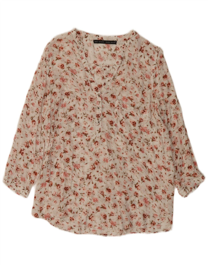 Zara blusa feminina manga 3/4 top UK 14 médio branco floral