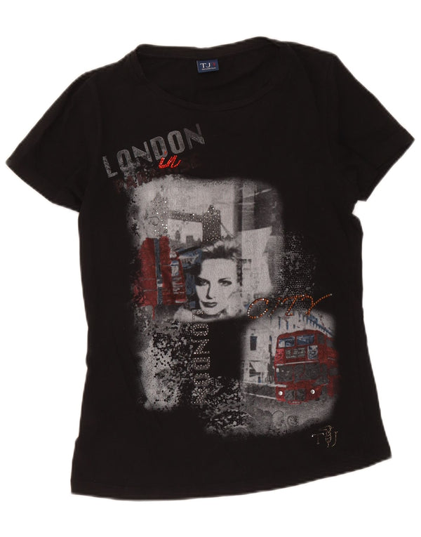 Camiseta feminina Trussardi Jeans com estampa gráfica UK 10 pequena preta