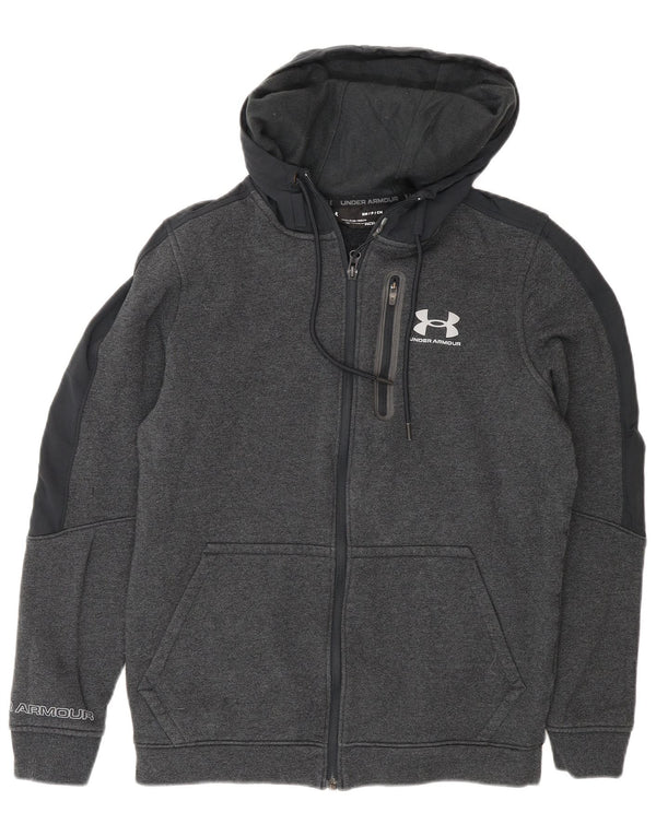 Suéter masculino Under Armour com capuz e zíper gráfico pequeno cinza colorblock algodão