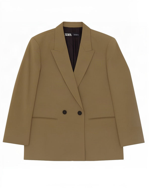 Jaqueta blazer feminina Zara com peito duplo Reino Unido 14 poliéster cáqui médio