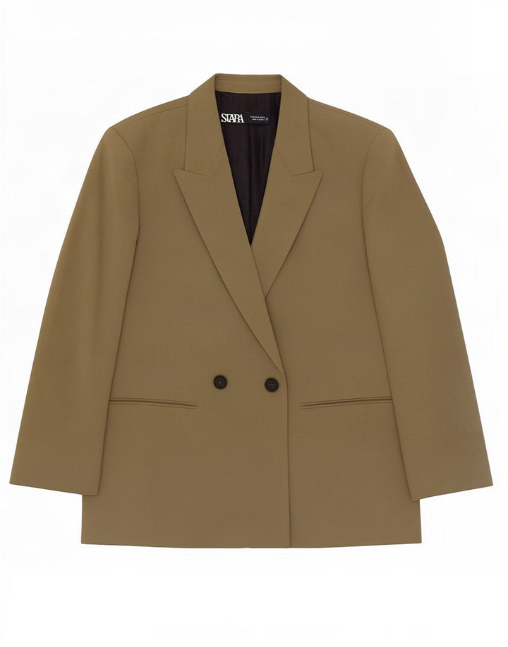 Jaqueta blazer feminina Zara com peito duplo Reino Unido 14 poliéster cáqui médio