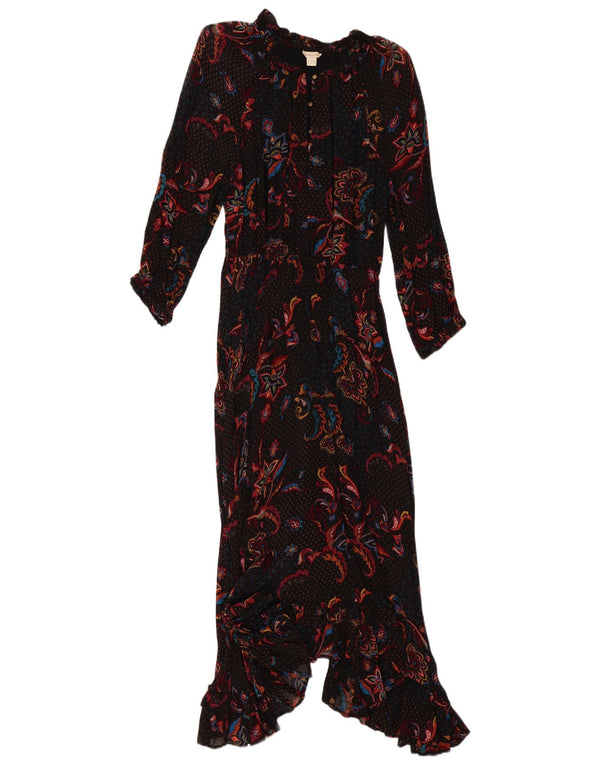 Vestido maxi feminino assimétrico de manga comprida Monsoon Reino Unido 14 médio preto paisley