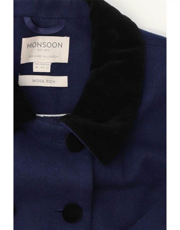Casaco feminino Monsoon com peito duplo Reino Unido 16 grande lã azul