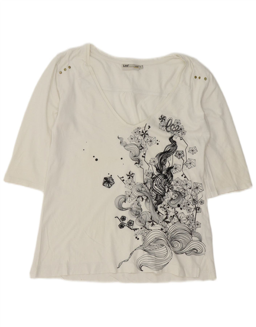 Top feminino Lee manga 3/4 Reino Unido 16 grande algodão branco