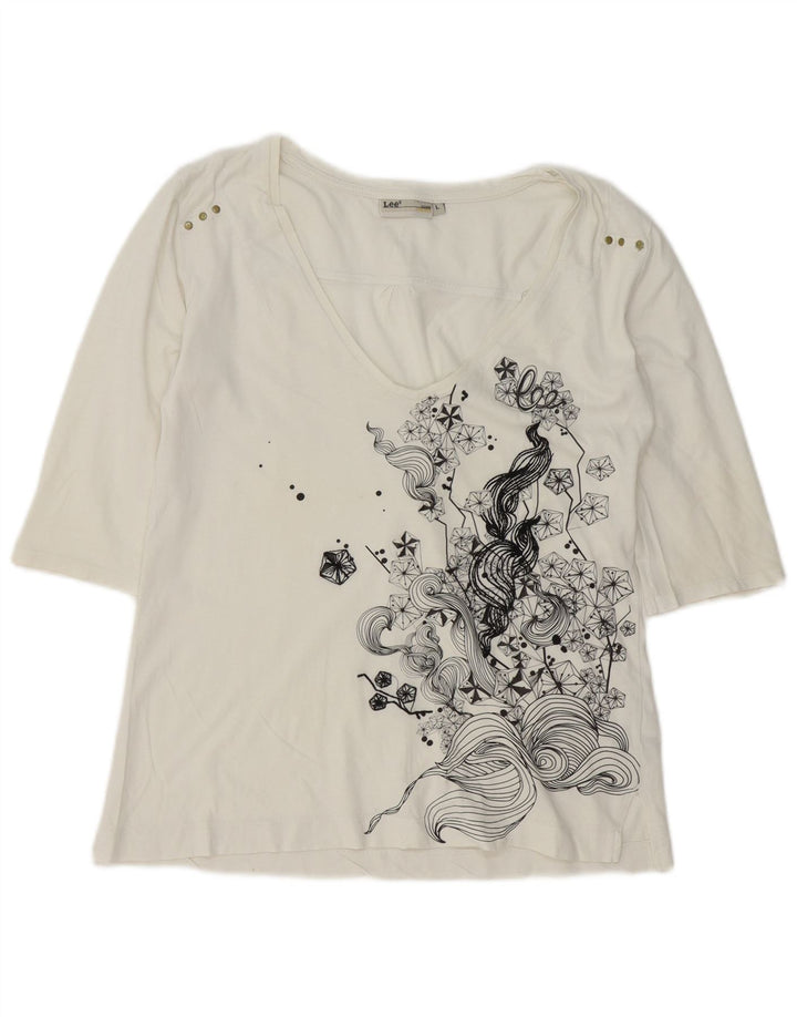 Top feminino Lee manga 3/4 Reino Unido 16 grande algodão branco