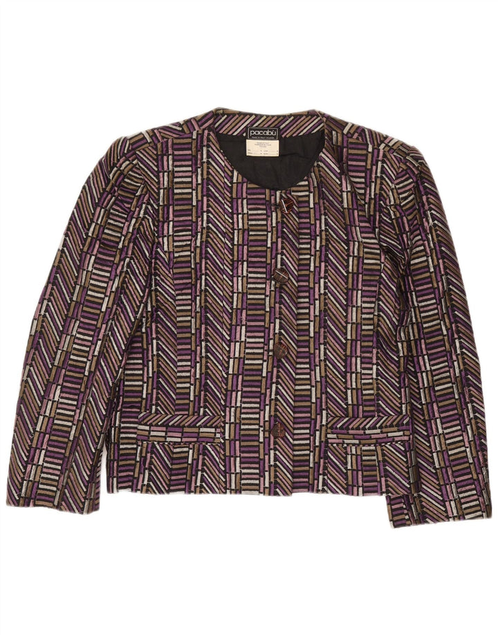 Jaqueta blazer feminina vintage com 4 botões Reino Unido 14 seda geométrica roxa média