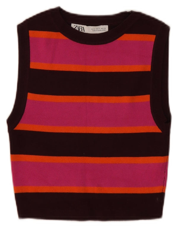 Zara Womens Crop Vest Top UK 12 Médio Multicolorido Listrado Viscose