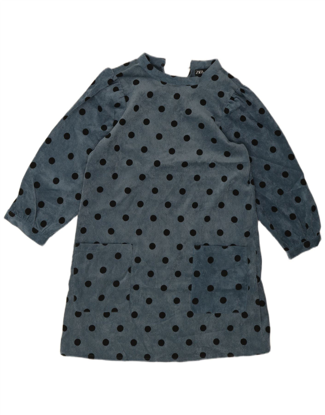 Vestido feminino Zara de manga comprida, tamanho UK 10, pequeno, azul, bolinhas, poliéster