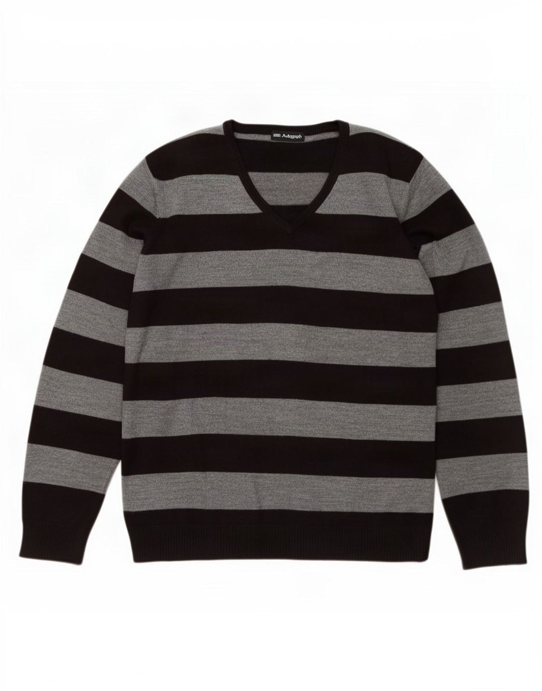Suéter masculino Marks & Spencer com decote em V grande acrílico listrado cinza