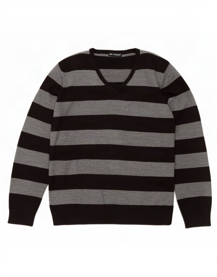 Suéter masculino Marks & Spencer com decote em V grande acrílico listrado cinza