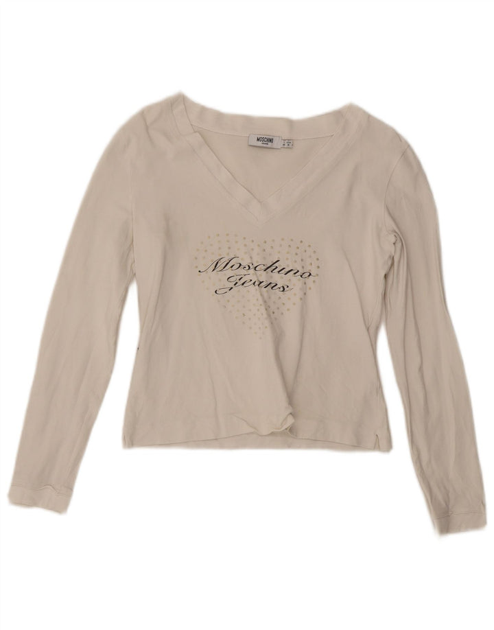 Top feminino Moschino com estampa gráfica de manga comprida Reino Unido 14 algodão branco médio