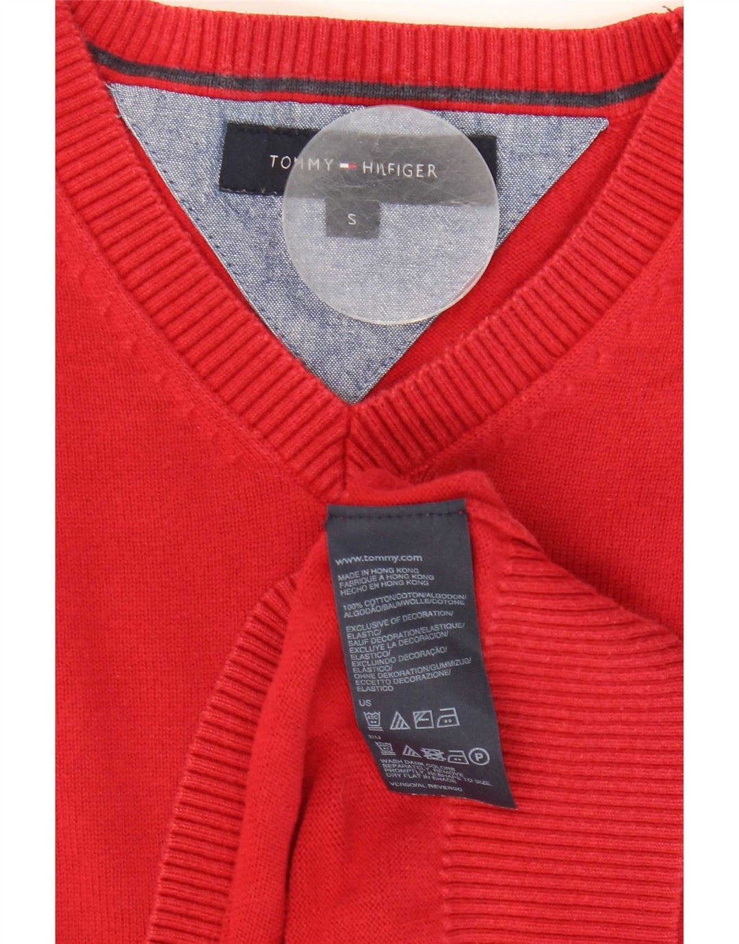 Suéter masculino Tommy Hilfiger com decote em V pequeno algodão vermelho