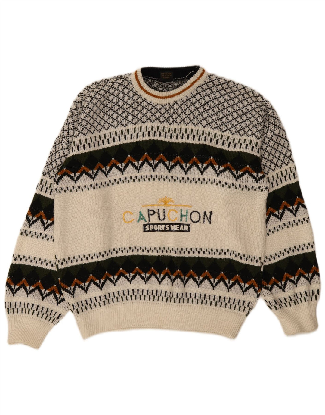 Suéter masculino vintage com gola redonda e gola redonda médio branco geométrico retrô