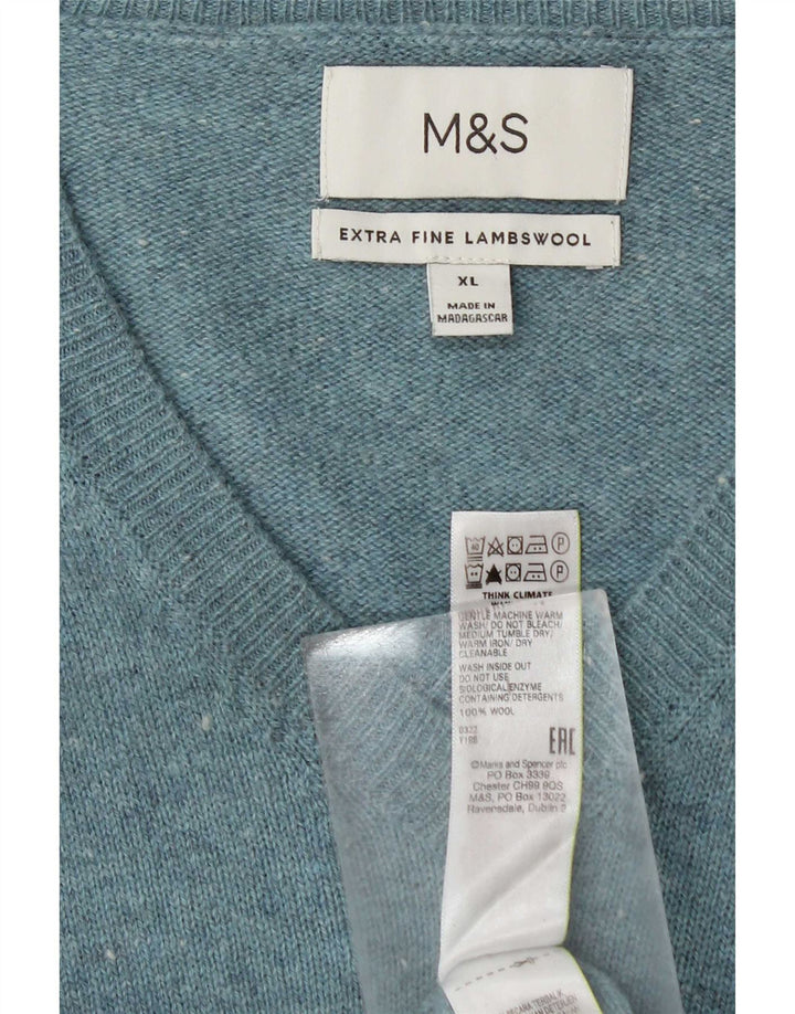 Suéter masculino Marks & Spencer com decote em V XL lã de cordeiro manchada azul