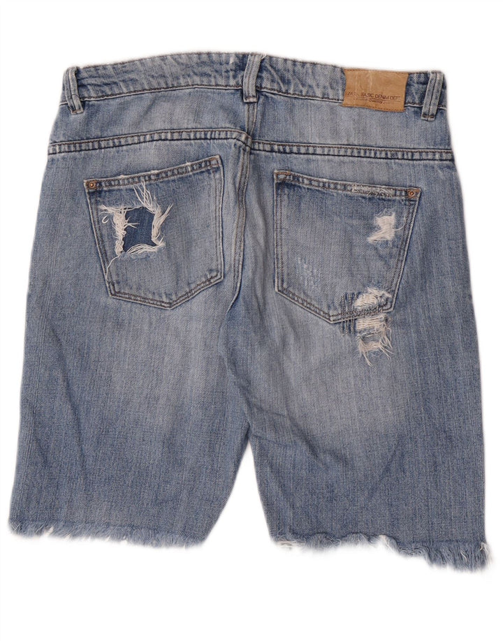Zara Shorts jeans feminino desgastado UE 38 pequeno W28 azul