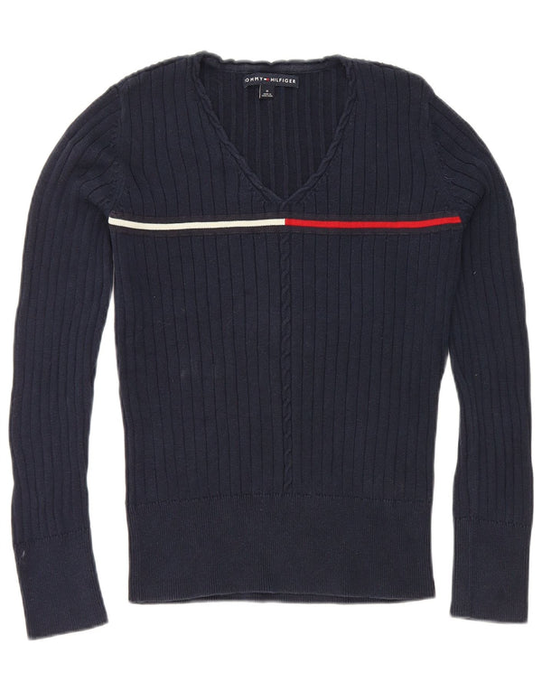 Suéter feminino Tommy Hilfiger com decote em V Reino Unido 12 algodão azul marinho médio