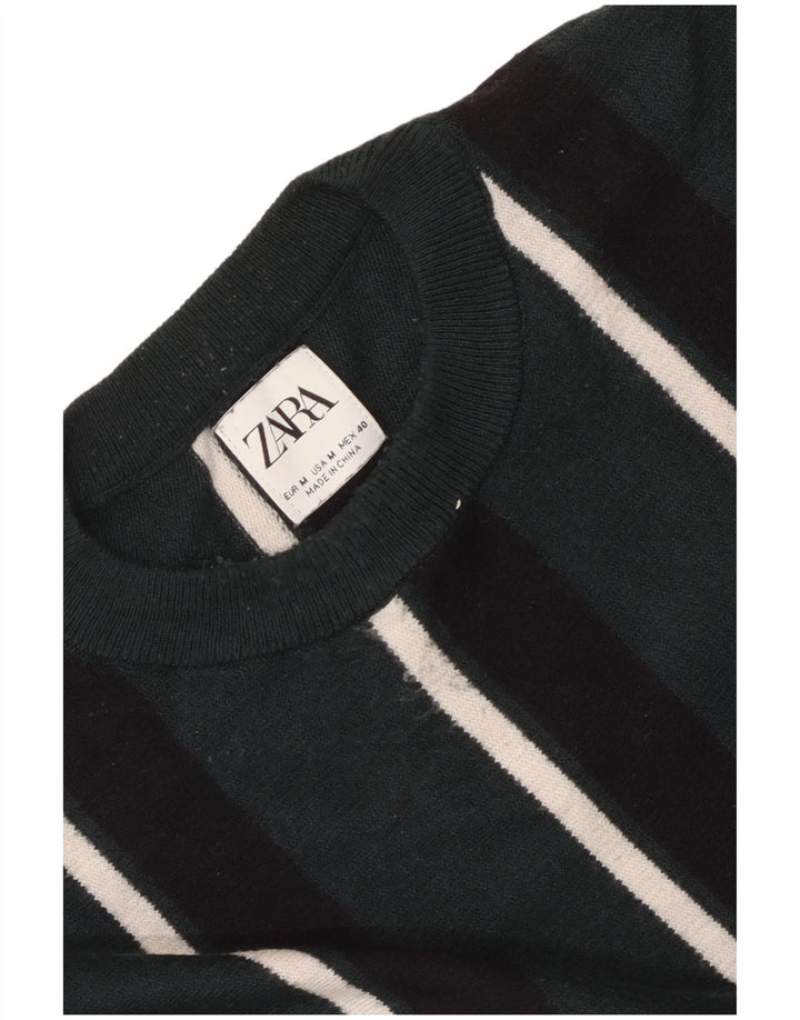 Zara Suéter masculino com gola redonda listrado verde médio