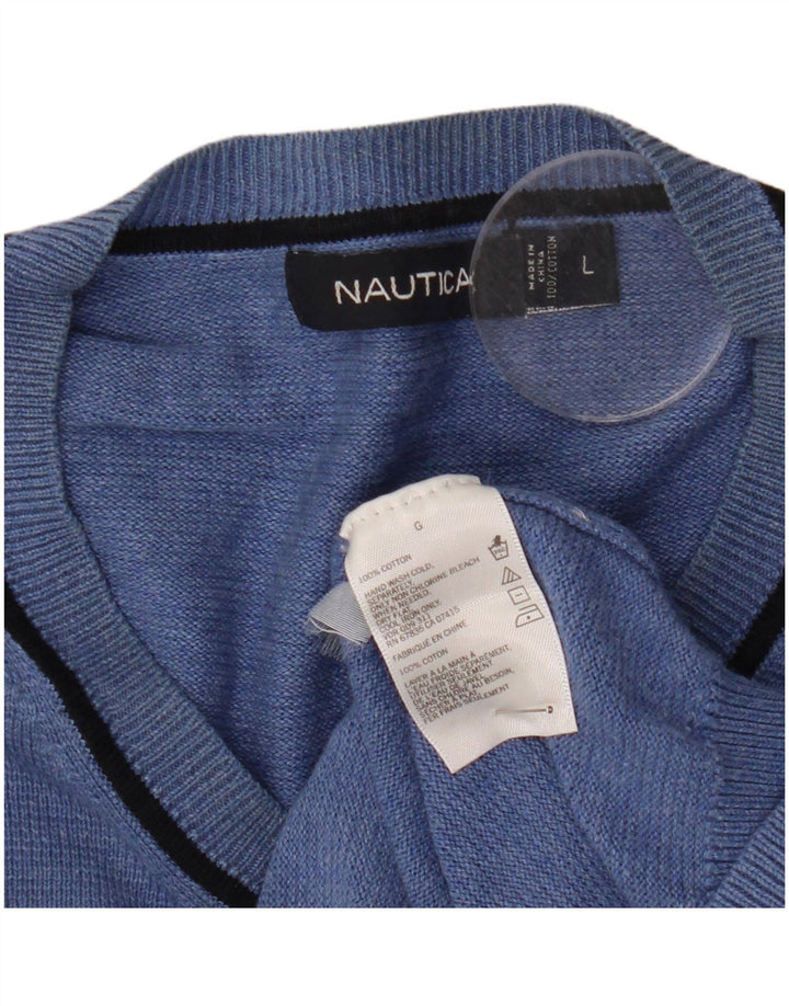 Suéter masculino Nautica com decote em V grande algodão azul