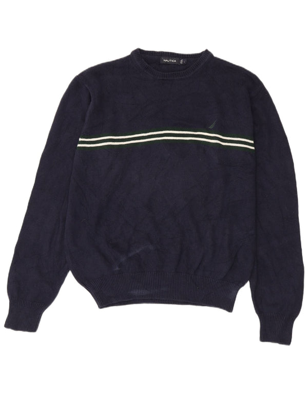 Suéter masculino Nautica com gola redonda, grande algodão listrado azul marinho