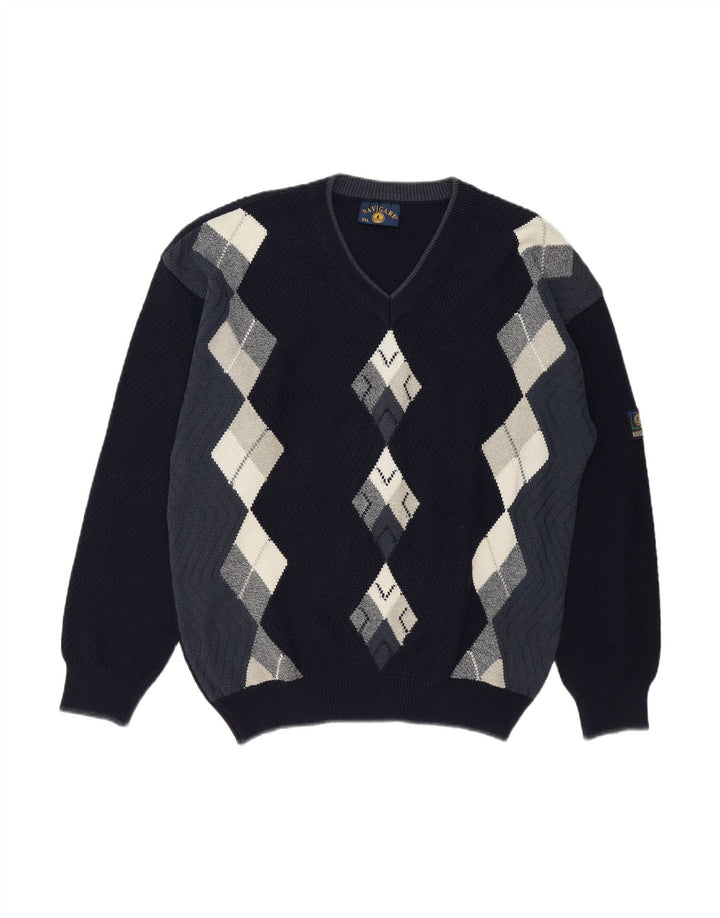 Suéter masculino NAVIGARE com decote em V 2XL azul marinho algodão argyle/diamante