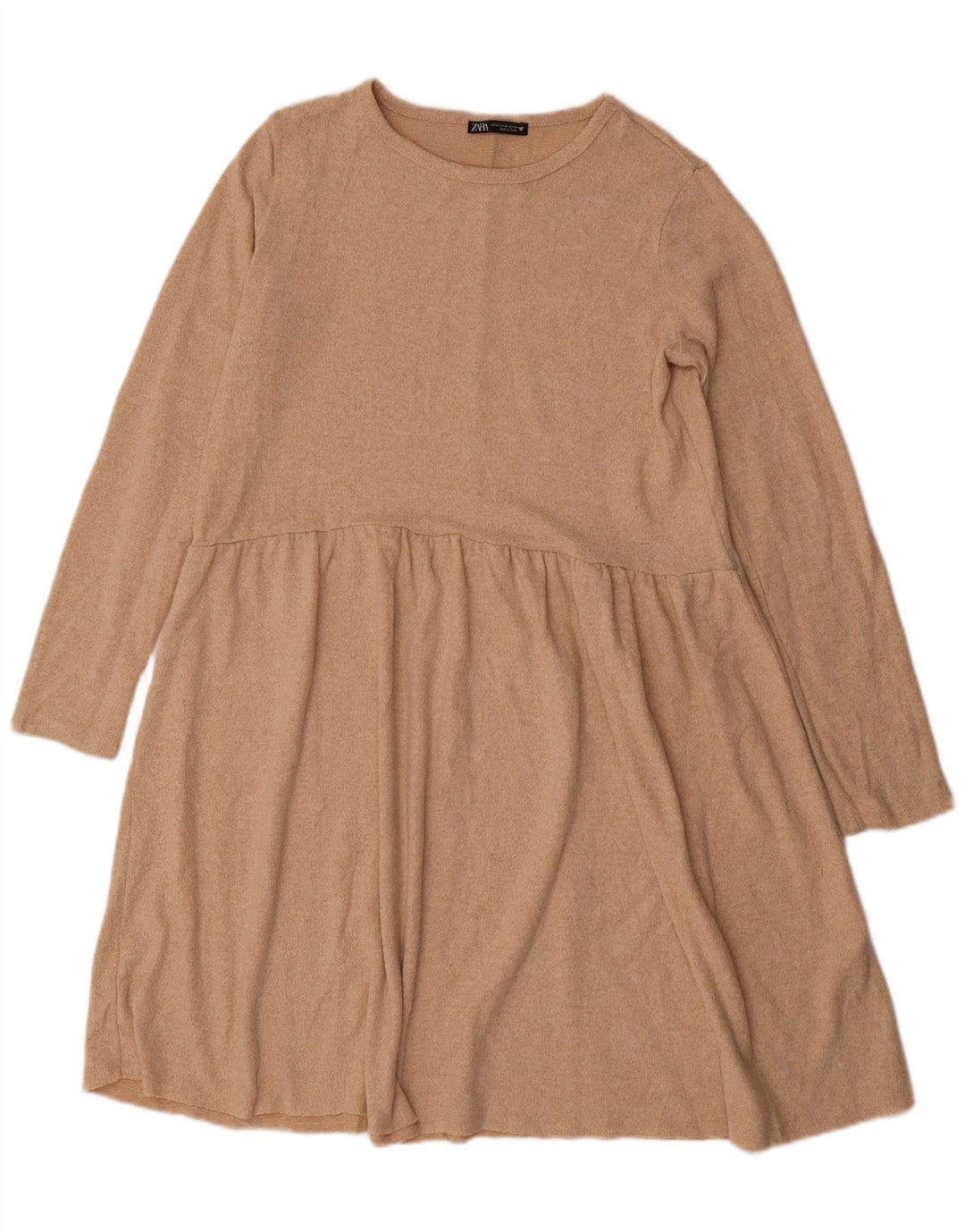 Vestido jumper feminino Zara de manga comprida Reino Unido 14 poliéster bege médio