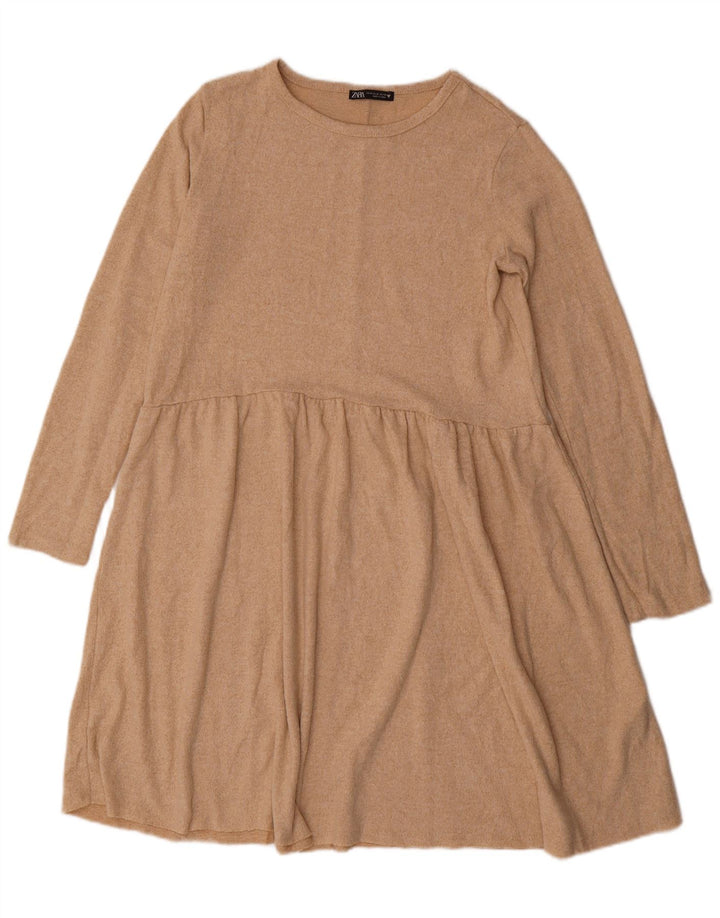 Vestido jumper feminino Zara de manga comprida Reino Unido 14 poliéster bege médio