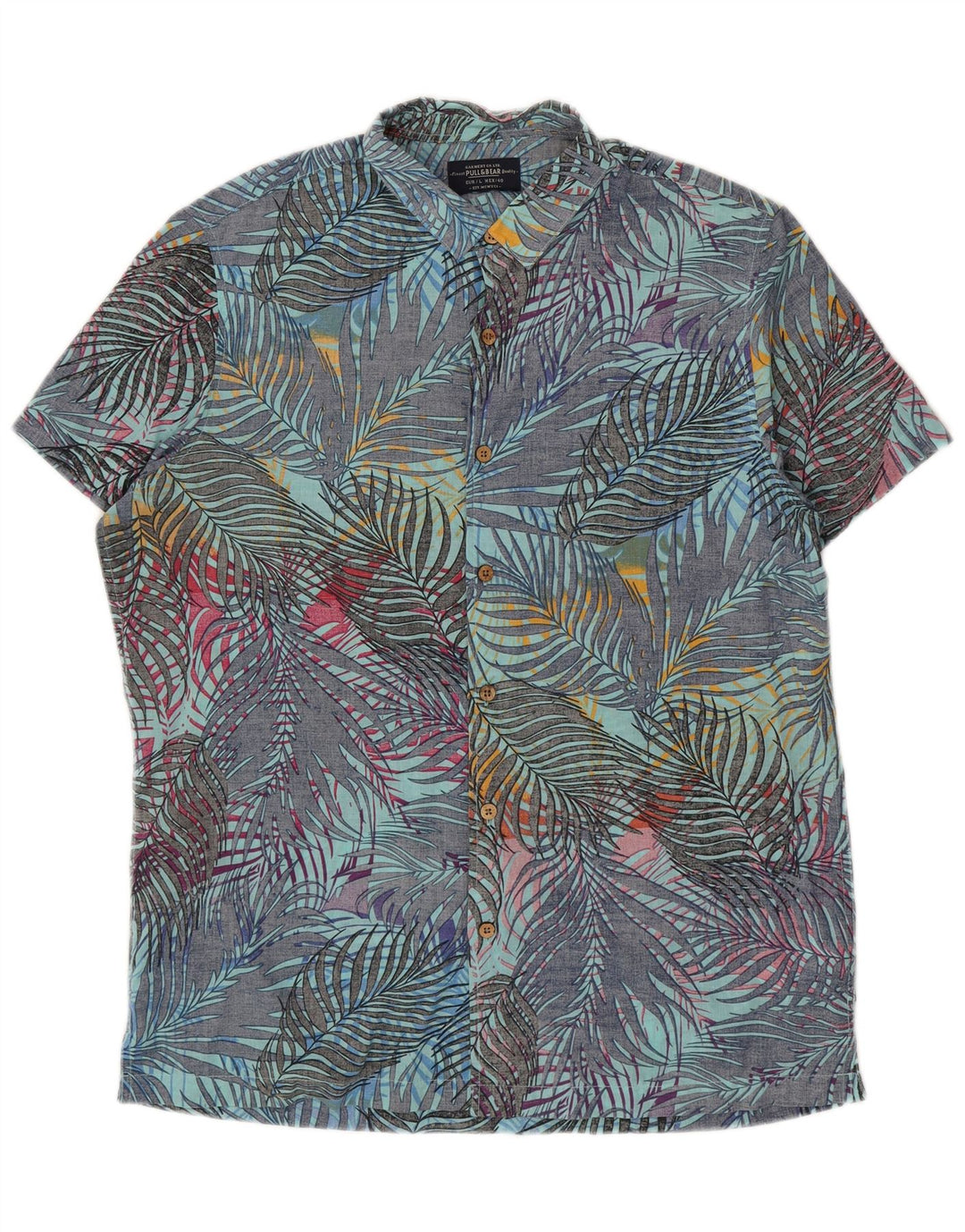 Camisa masculina de manga curta Pull & Bear grande azul floral algodão havaiano