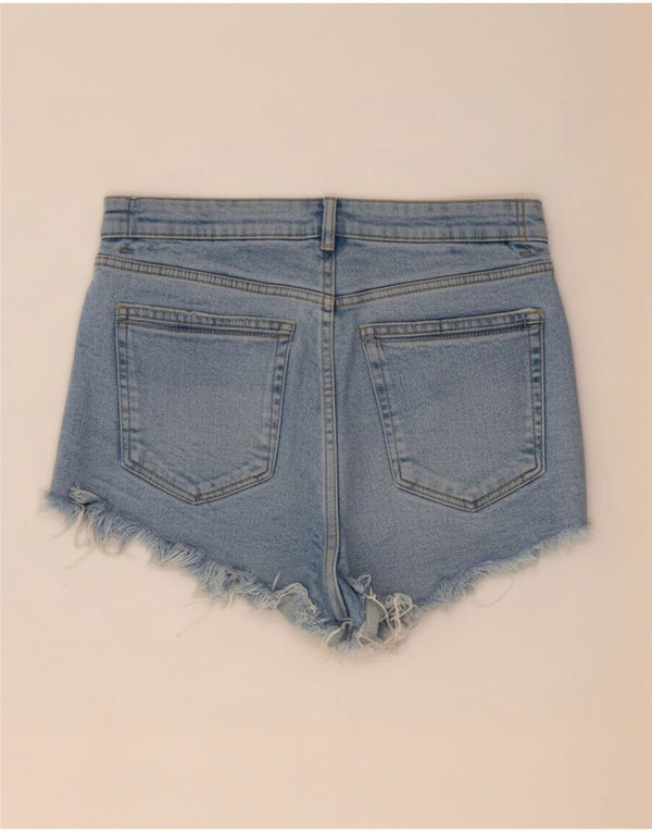 Zara Shorts jeans feminino de cintura alta desgastado UE 38 pequeno W28 azul