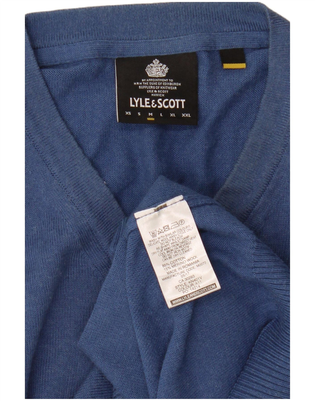 Lyle & Scott Suéter masculino com gola V e algodão azul médio