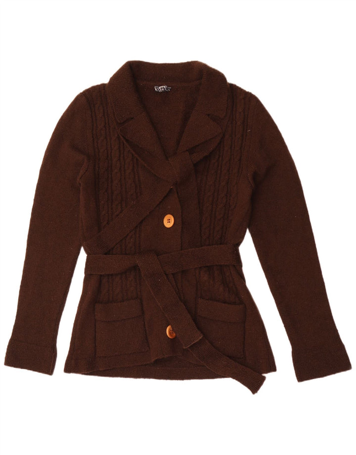Suéter cardigã feminino vintage Reino Unido 12 marrom médio