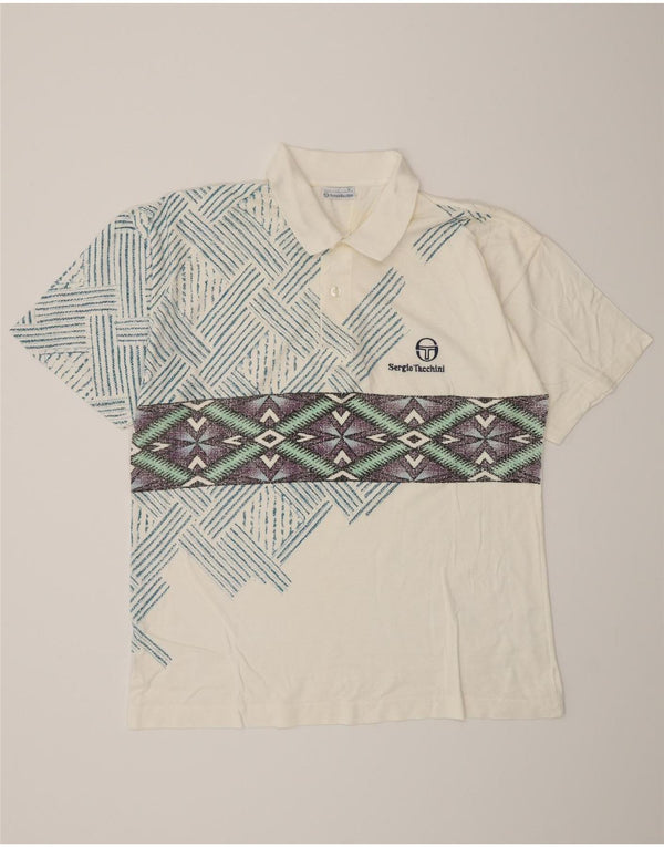 Camisa polo masculina Sergio Tacchini IT 50 algodão geométrico branco médio