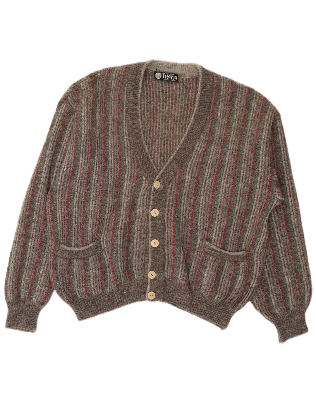 Suéter cardigã masculino vintage listrado cinza grande