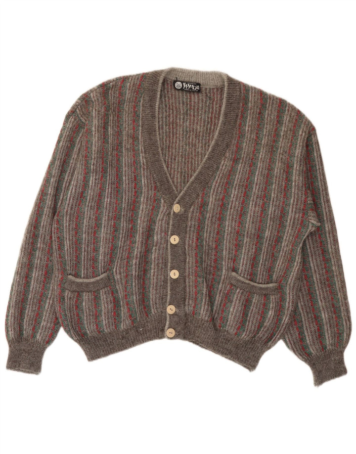 Suéter cardigã masculino vintage listrado cinza grande