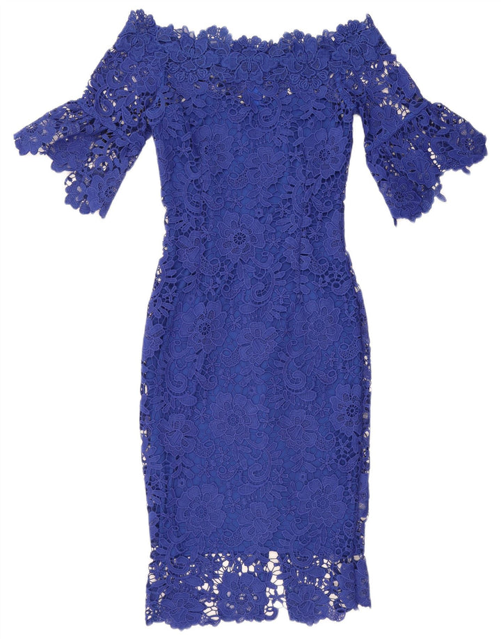 PAPER DOLLS Vestido feminino ombro de fora UK 8 pequeno azul floral poliéster