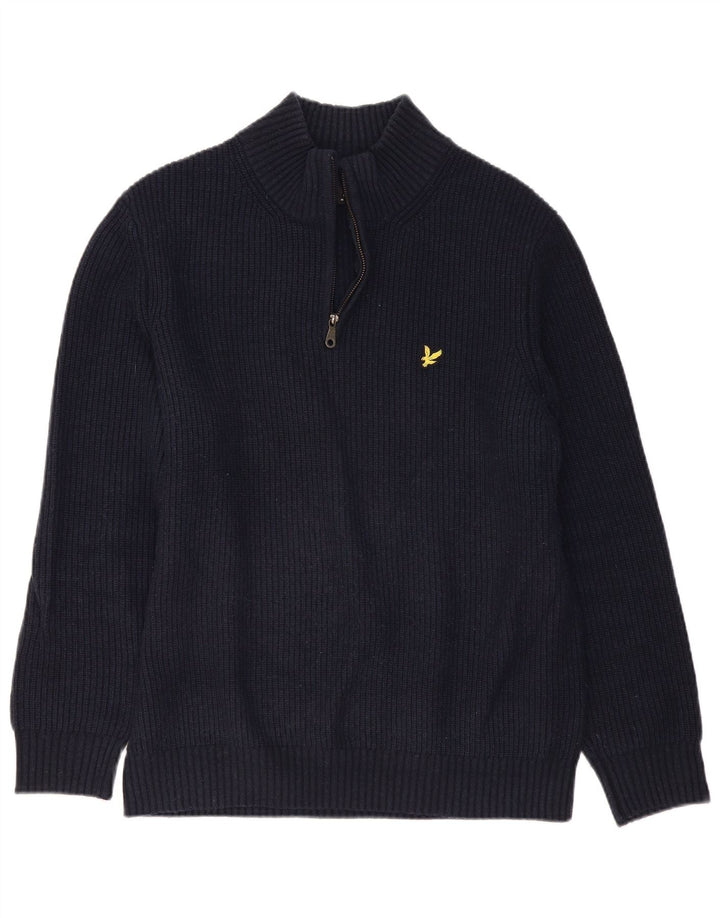 Suéter masculino Lyle & Scott com zíper e gola grande de lã azul marinho