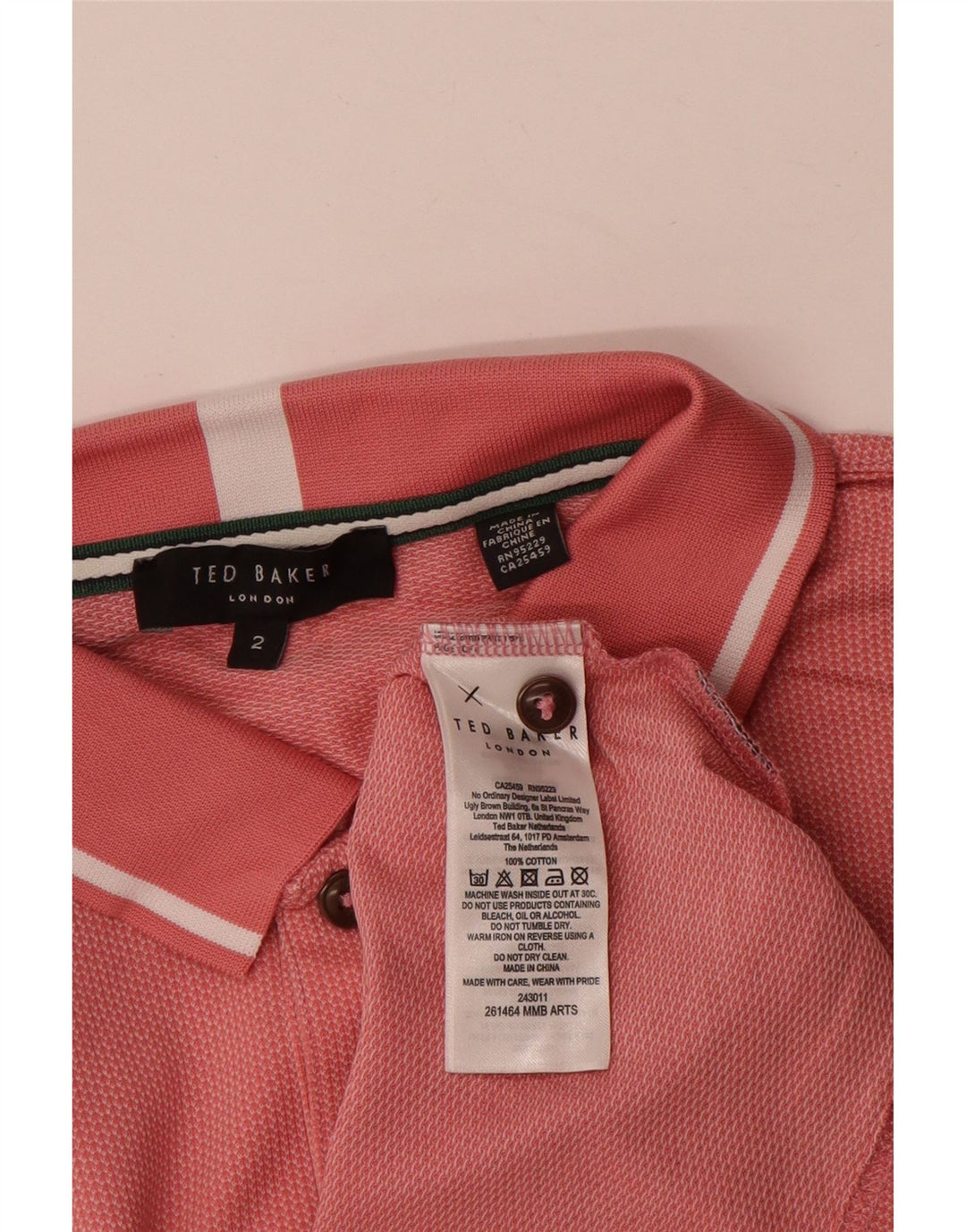 Camisa polo masculina Ted Baker tamanho 2 pequeno algodão rosa