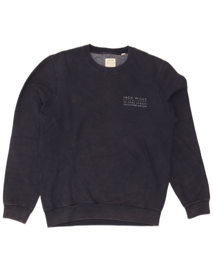 Jack Wills moletom gráfico masculino jumper médio azul marinho algodão