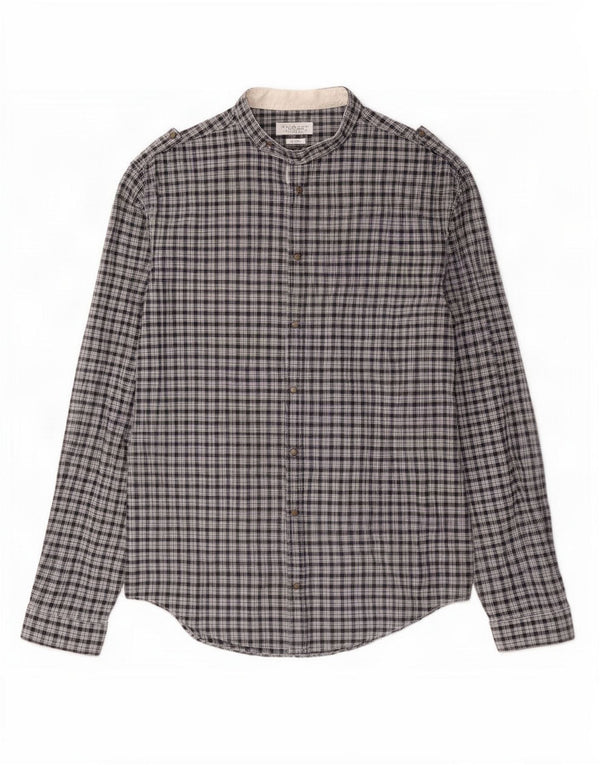 Camisa militar masculina Zara Slim Fit grande algodão xadrez azul