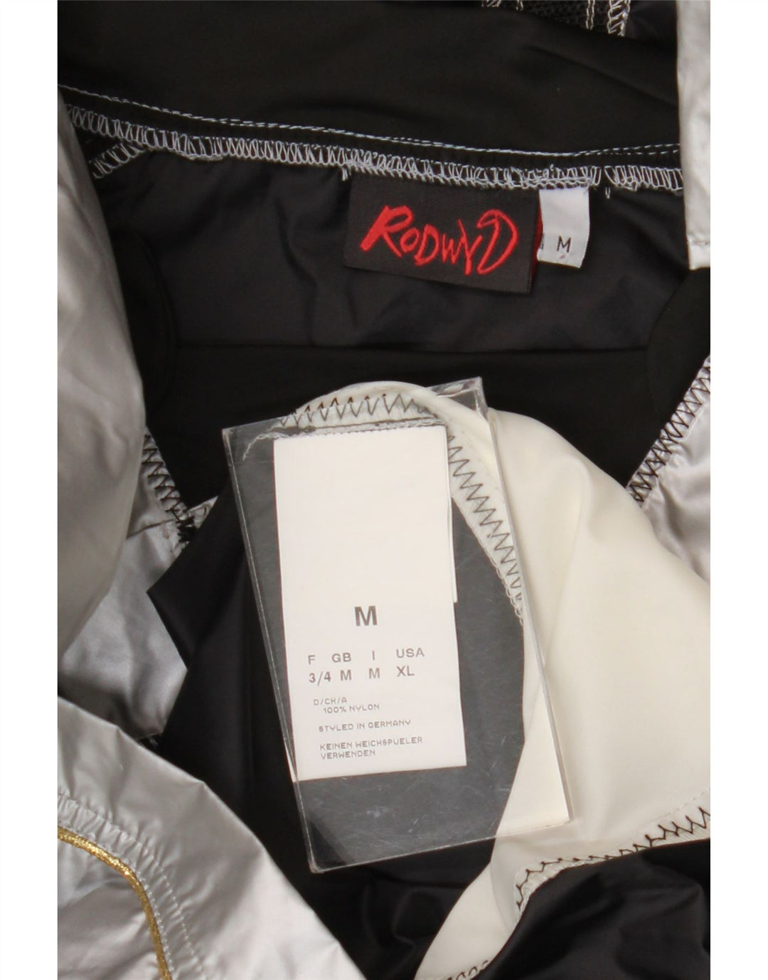 Jaqueta de chuva masculina vintage gráfica pulôver Reino Unido 38 bloco colorido prateado médio