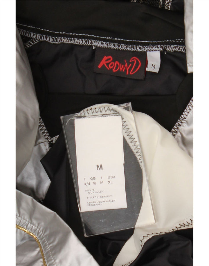 Jaqueta de chuva masculina vintage gráfica pulôver Reino Unido 38 bloco colorido prateado médio