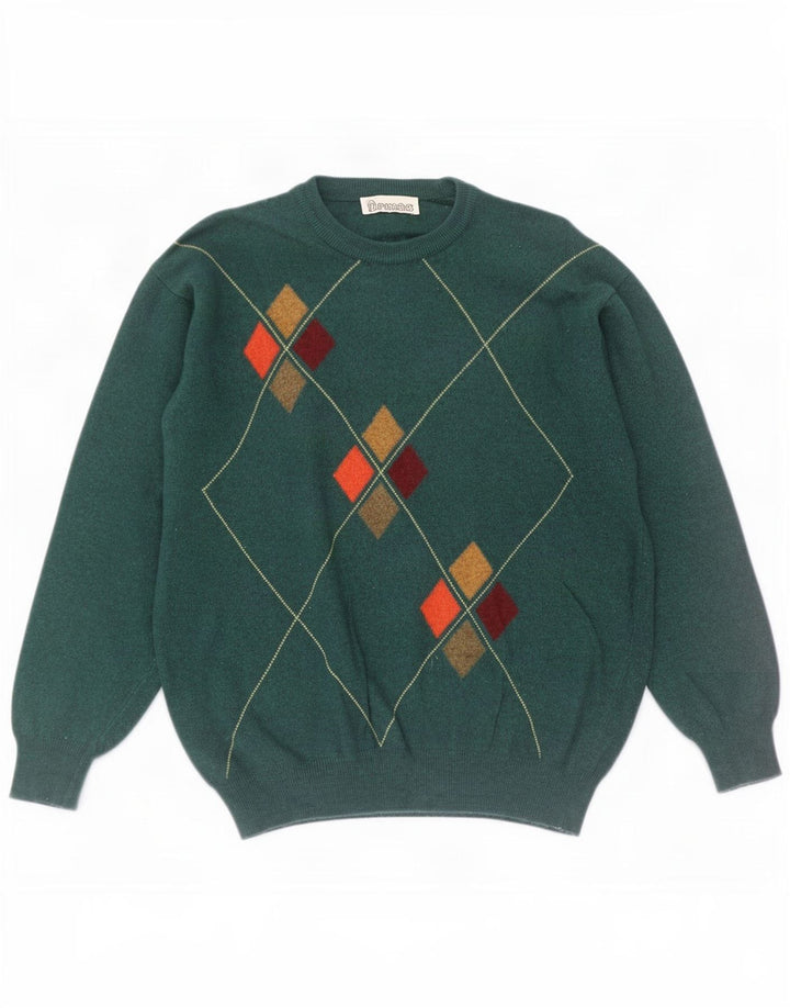 Suéter vintage masculino com gola redonda, verde médio, Argyle/Diamante