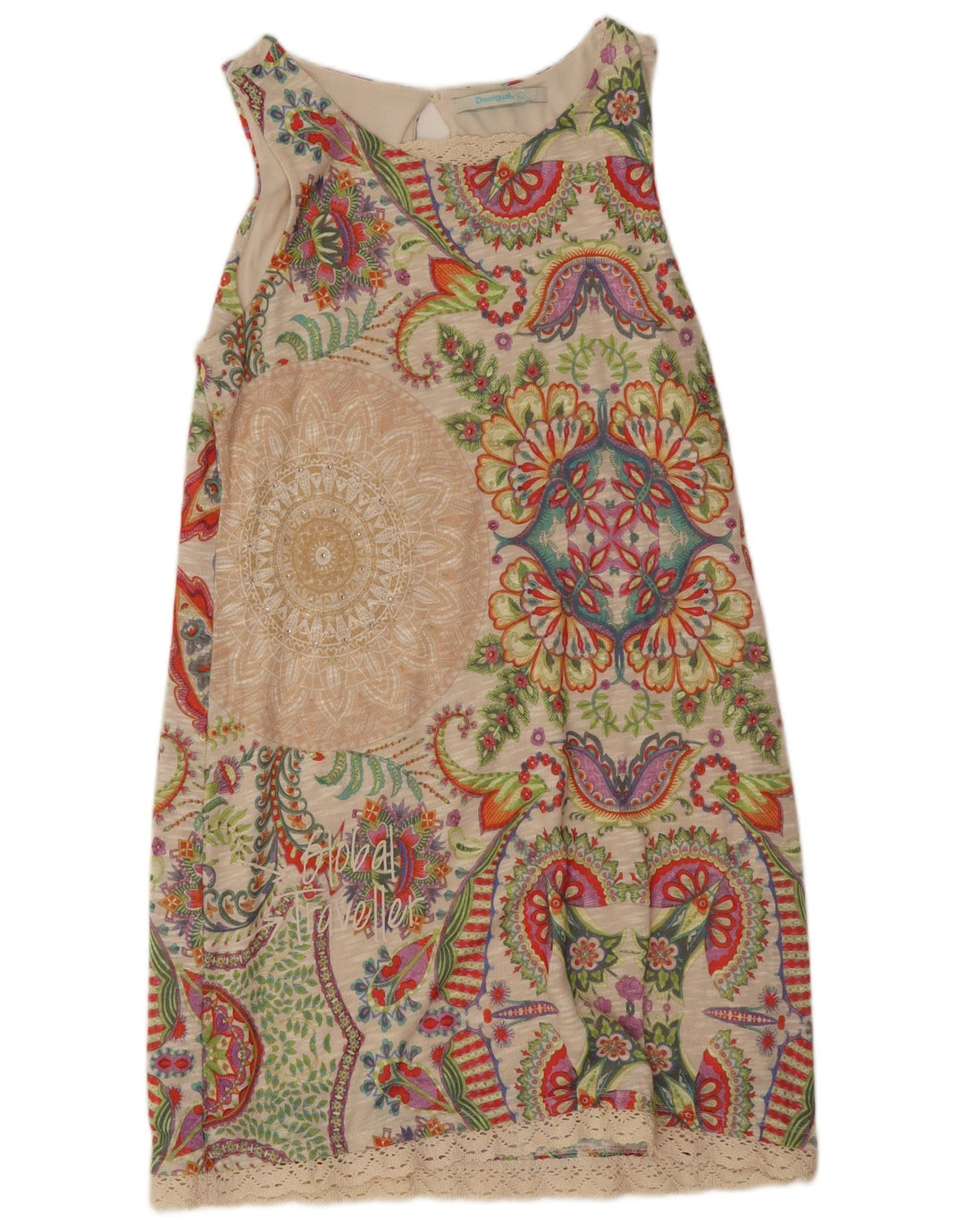 Desigual Vestido feminino sem mangas Shift UK 18 XL Bege Paisley Poliéster