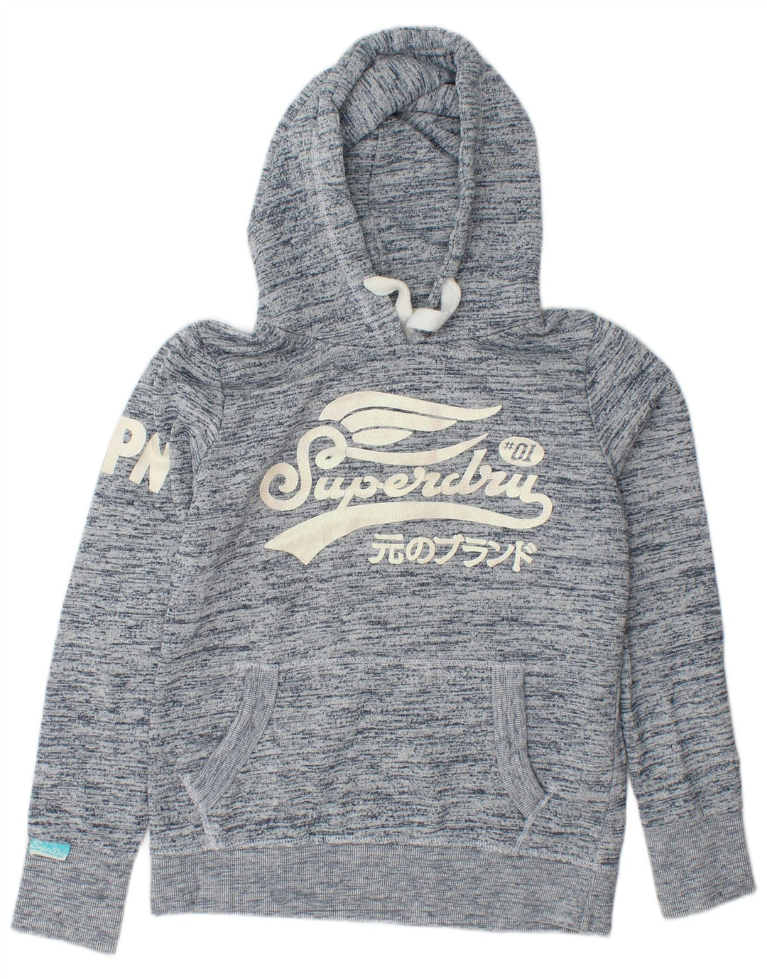 Jumper feminino com capuz gráfico SUPERDRY Reino Unido 16 grande algodão manchado azul marinho