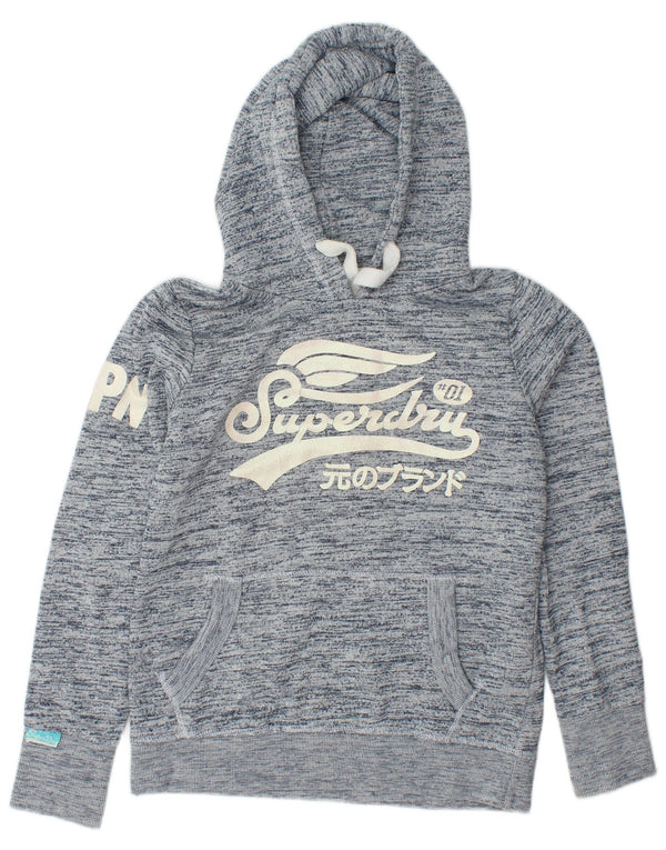 Jumper feminino com capuz gráfico SUPERDRY Reino Unido 16 grande algodão manchado azul marinho