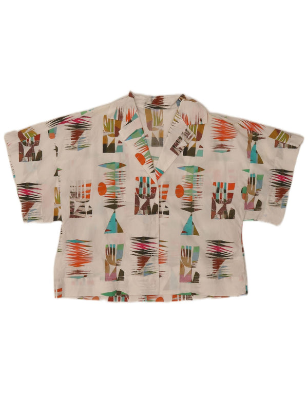 Blusa feminina vintage de manga curta Reino Unido 10 algodão geométrico branco pequeno