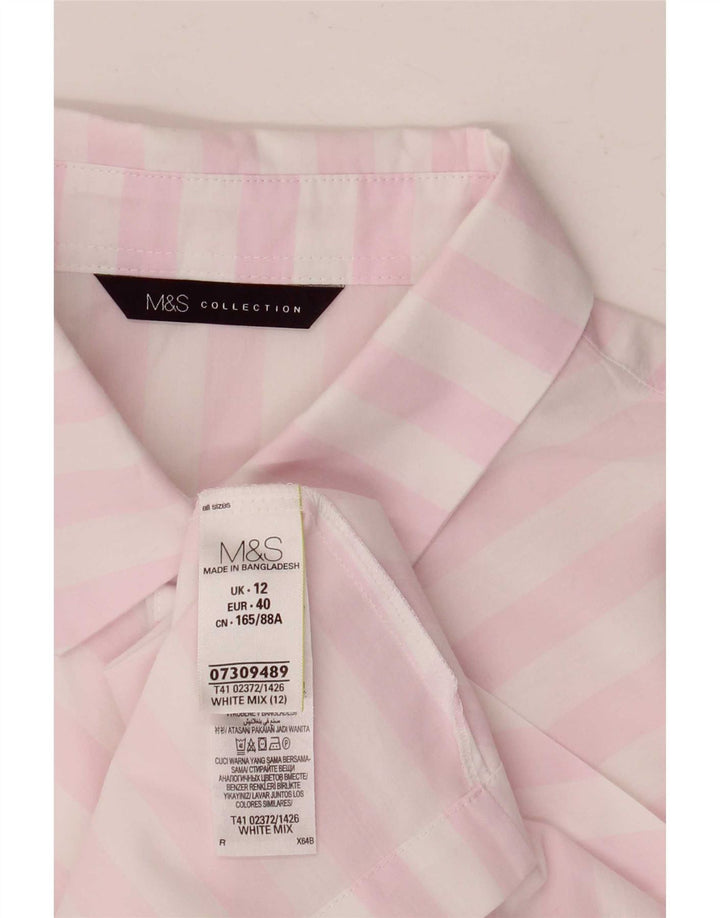 Camisa feminina de manga curta Marks & Spencer UK 12 listrada branca média