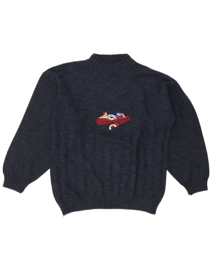 Suéter masculino vintage com gola de tartaruga grande azul marinho