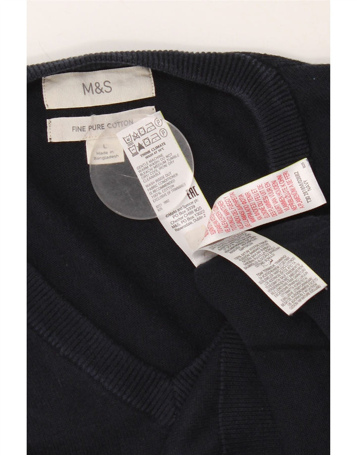 Suéter masculino Marks & Spencer com decote em V grande algodão azul marinho