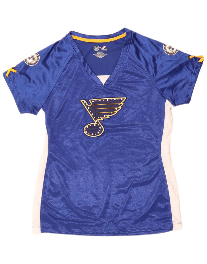 Camiseta feminina MAJESTIC St. Louis Blues com estampa gráfica Reino Unido 10 azul pequeno