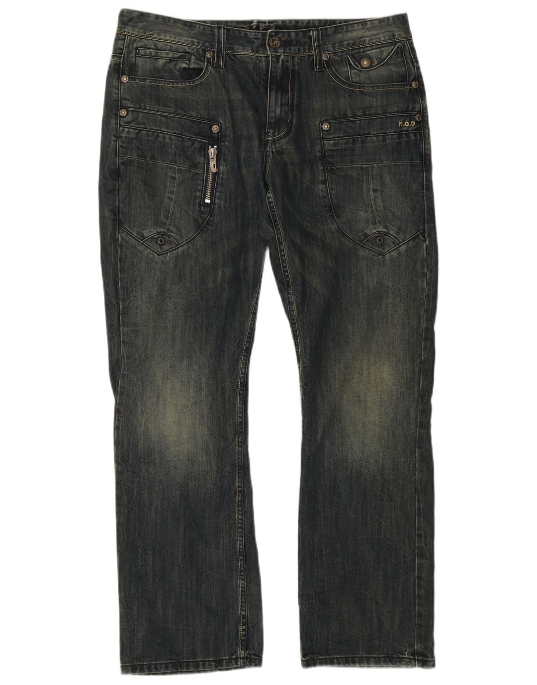 Calça jeans reta cargo masculina vintage W36 L32 algodão azul marinho